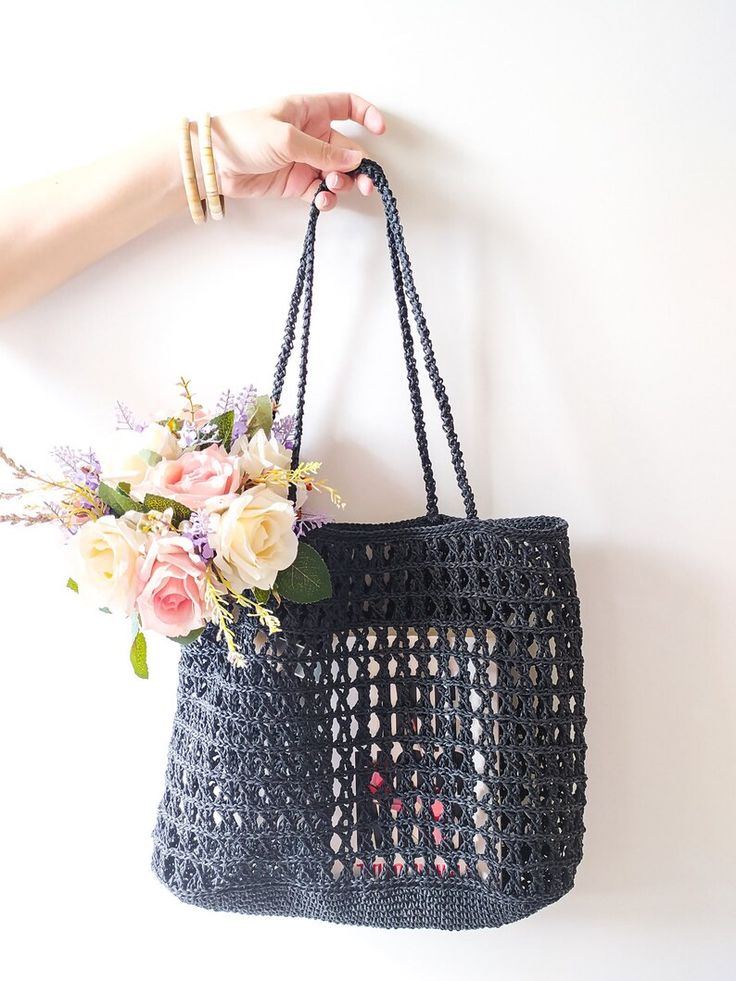 Crochet Double Handle Straw Bag For Daily Use, Hand Crochet Bag, Raffia Tote Bag, Black Boho, Bohemian Summer, Tote Bag Black, Beach Trips, Summer Bag, Crochet Basket