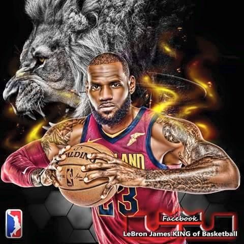 lebron james is holding a basketball in front of a lion's head with his hands