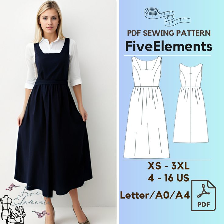 Rectangular Neck Dress Midi Dress Sewing Pattern Gathered Dress Pattern PDF Shop Bundle: https://www.etsy.com/listing/1780689029/whole-shop-bundle-sewing-pattern-blouses Sizes: US Size 4  - 16             EU Size XS - 3XL Sewing Pattern instructions language: English Print size: - A0 pattern files                   - A4 pattern files                   - US LETTER pattern files (For different print sizes please contact me and I will be more than happy to help. Just send me a message). Pattern Spe Black Dress Sewing Pattern, Staple Dress Womens Sewing Pattern, Dresses To Sew, Sewing Pattern Wool Dress, Plunge Neck Dress Sewing Pattern, Lbd Sewing Pattern, Natural Waist Dress, Robe Diy, Gathered Dress