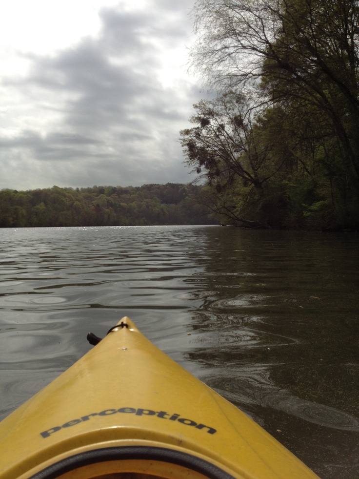 a yellow kayak in the middle of a lake with trees on both sides and cloudy skies above