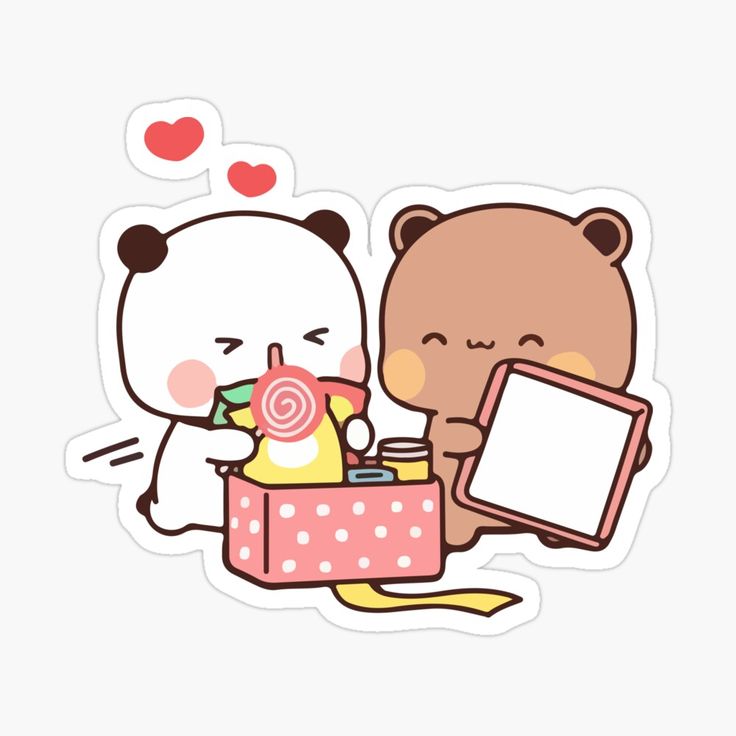 two teddy bears are holding a box with candy