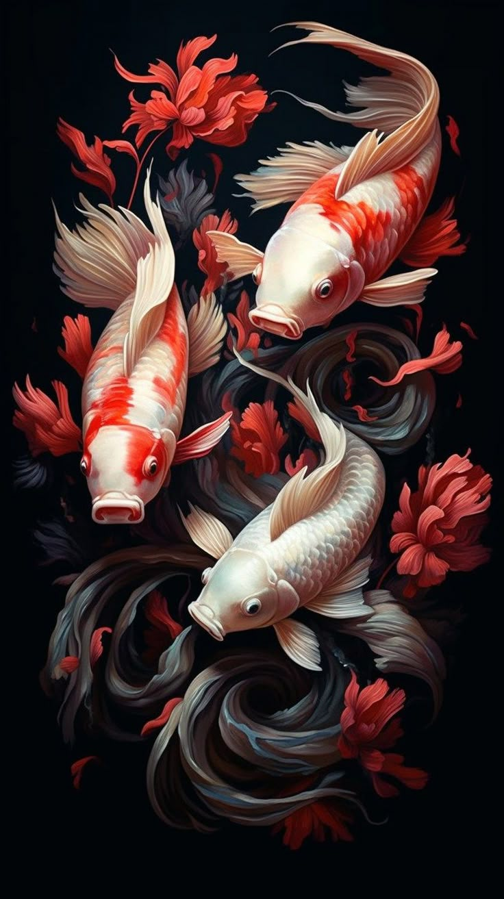 two koi fish are swimming in the water with red flowers on it's side