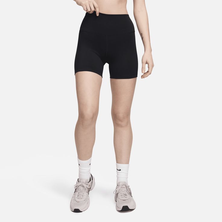 Up for a workout or down to chill, these biker shorts are the Ones that are ready for whatever you are. Their midweight, peachy-soft fabric stretches with your every move and dries quickly. Plus, a high waist is designed to meet your favorite cropped tops for a head-to-toe look that you can feel confident and comfortable in all day long. Nike Athletic Shorts With Built-in Shorts For Workout, Biker Shorts With Built-in Shorts For Training, Sportswear Biker Shorts With Built-in Shorts For Workout, Basic Activewear With Built-in Shorts, Sporty High-stretch Biker Shorts, Mid-thigh Length, Black Stretch Athleisure Biker Shorts, Black Stretch Biker Shorts Athleisure, Stretch Athletic Shorts For Gym Above Knee, Basic Activewear With Built-in Shorts For Sports