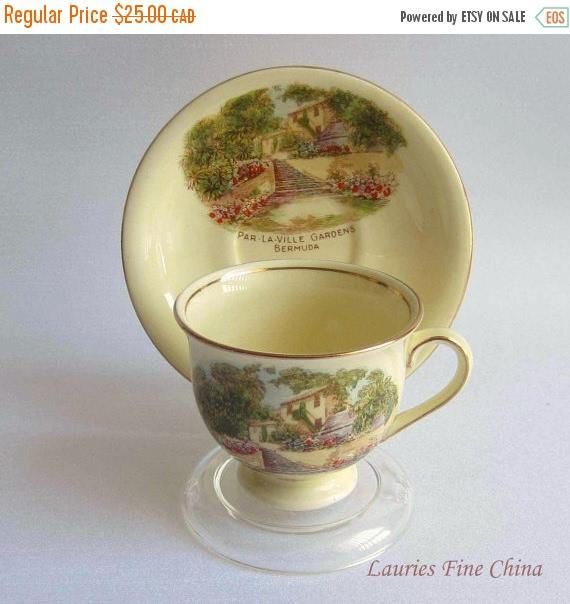 an old china cup and saucer with a landscape painted on the side is shown