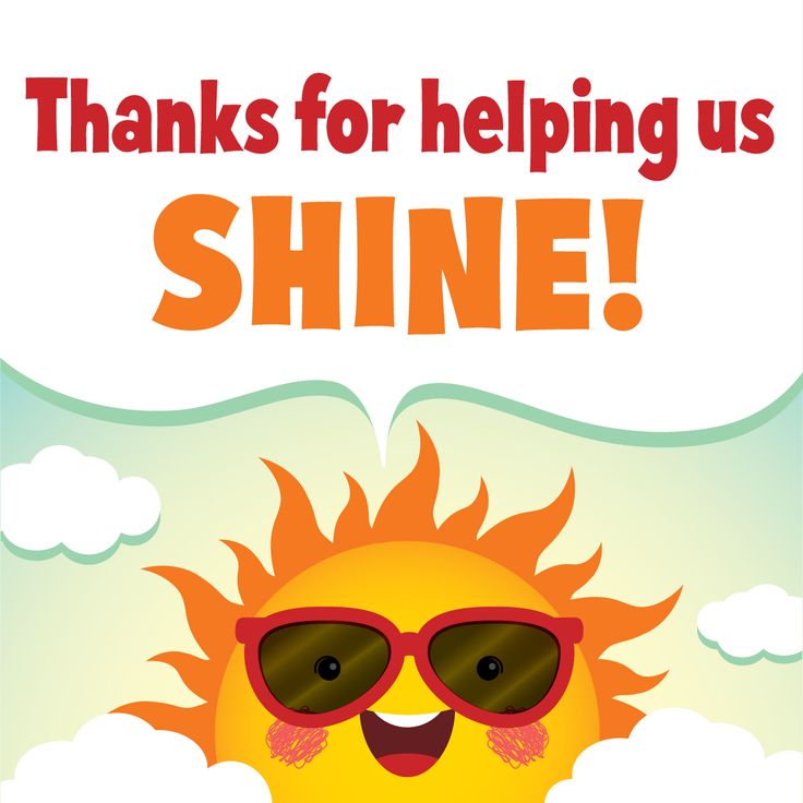 a card with the words thanks for helping us shine in front of a cartoon sun wearing sunglasses