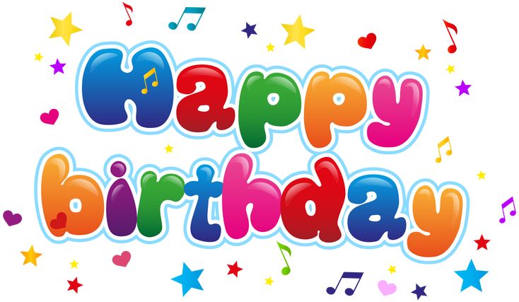 the words happy birthday are surrounded by colorful stars and music notes on a white background