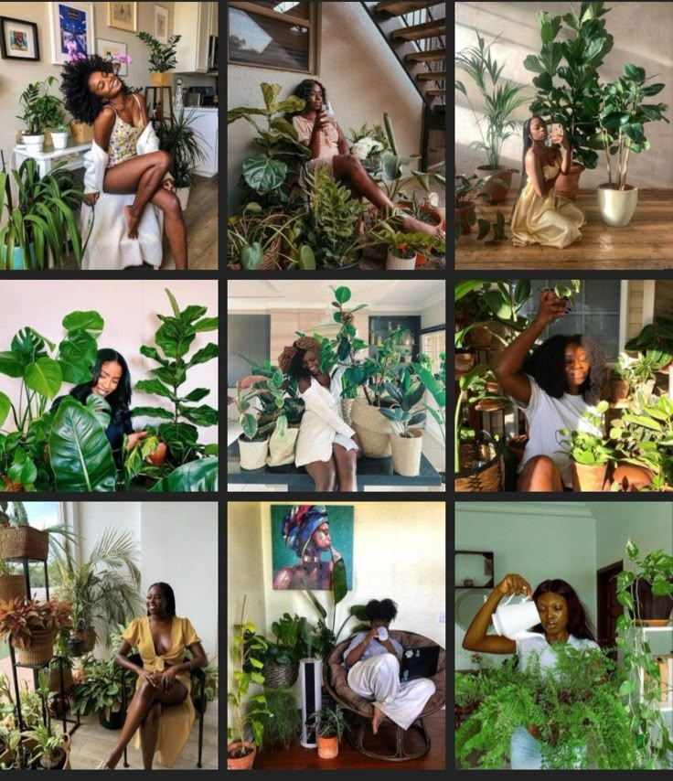 a collage of photos with people and plants