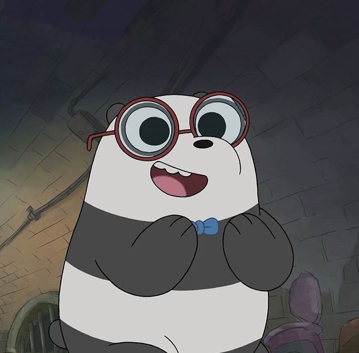 a cartoon panda bear wearing glasses and sitting on the ground with his hands up in front of him