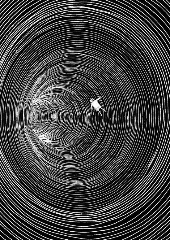 an abstract black and white photo with swirls in the center that looks like something out of space