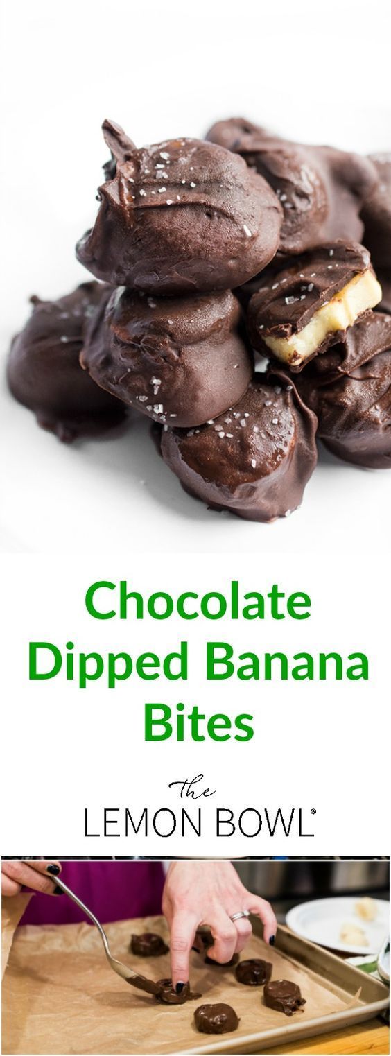 chocolate dipped banana bites with lemon bowl on the side and title overlay reads, chocolate dipped banana bites