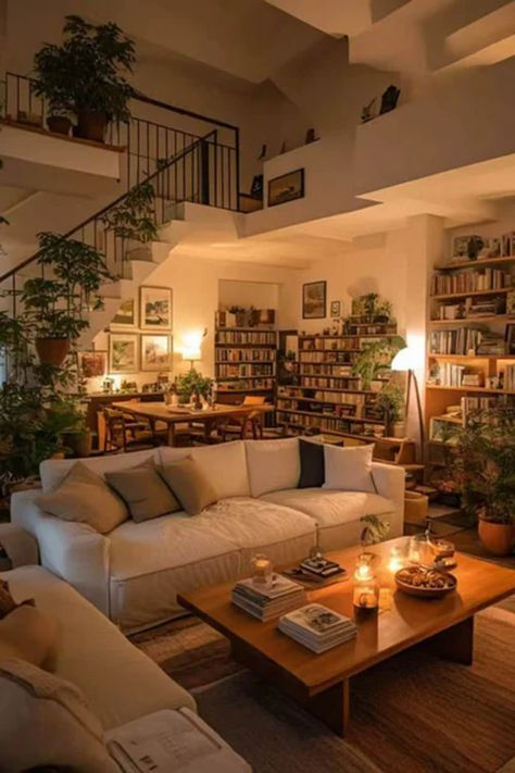 a living room filled with furniture and bookshelves next to a stair case full of books