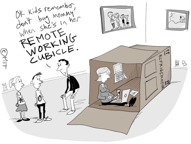 a cartoon drawing of people in a moving cubicle with the words remote working on it