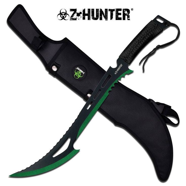 a knife with green handle and black blade