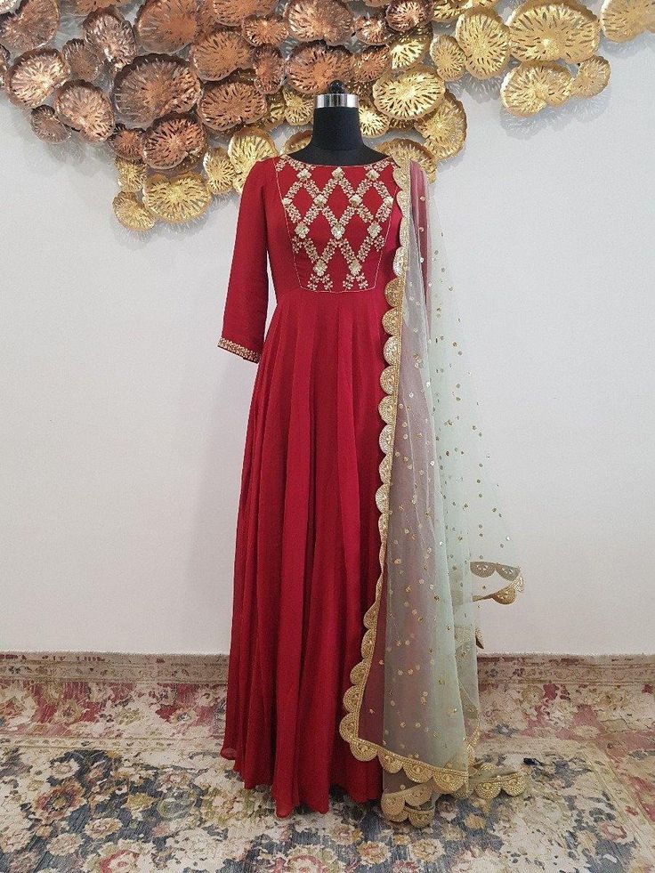 Enhance your ethnic wear ensemble with this maroon hand work Anarkali with contrasting mint color sequined dupatta. Color can be customized.Care:Dry Clean OnlyComposition:Georgette Maroon Anarkali, Anarkali Patterns, Gown Anarkali, Contrast Dupatta, Maroon Suit, Anarkali Frock, Haute Couture Fabric, Couture Fabric, Anarkali Kurtis