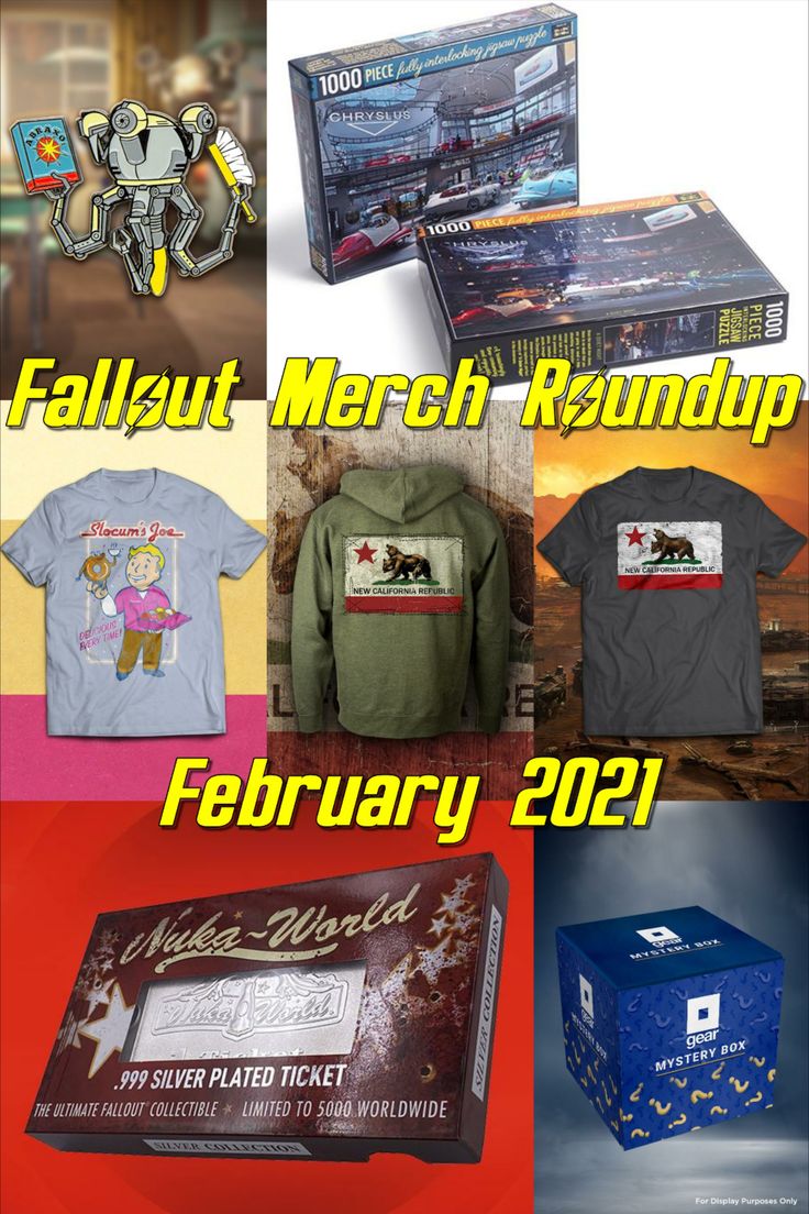 Photo collage of various new Fallout related merch: enamel pins, puzzles, t-shirts, hoodies, prop replicas, and mystery boxes overlayed with bright yellow text that says: Fallout Merch Roundup, February 2021 Fallout Merch, Fall Out 4, Fallout, Hot Deals, Release Date, Pre Order, The Social, Quick Saves