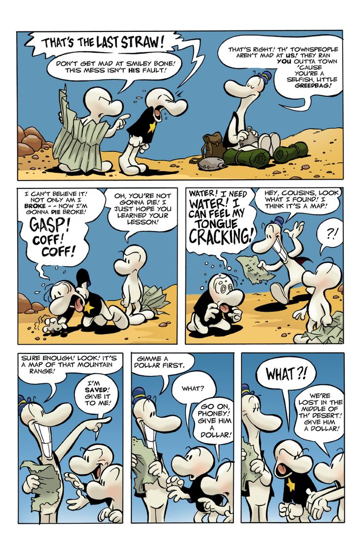 a comic strip with an image of the same cartoon character in different scenes, one is talking