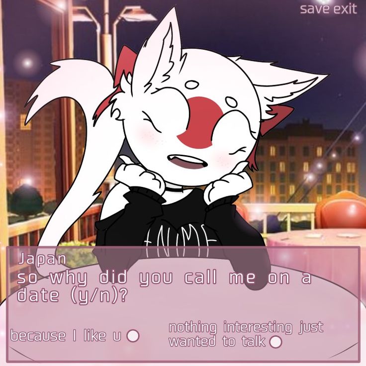 an animated image of a white cat with red nose and ears, sitting at a table in front of a cityscape