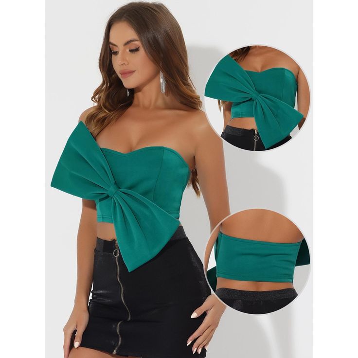 Women's cropped bandeau top with sleeveless, a front large bow, and a sweetheart neck design, is a perfect choice for a boldly feminine and stylish look. The sweetheart neckline accentuates your curves, while the strapless design adds a touch of charm. The bow detail on the front adds a playful element to the overall aesthetic. Whether you're heading to a party or a night out on the town, these crop tops are sure to turn heads. Trendy and cute style, the bow tie strapless crop top paired with sk Flirty Cropped Top For Party, Green Strapless Tube Top For Party, Strapless Party Crop Top, Strapless Crop Top For Party, Glamorous Bandeau Crop Top For Spring, Glamorous Strapless Crop Top For Spring, Chic Cropped Tube Top For Party, Chic Cropped Bow Crop Top, Strapless Fitted Crop Top For Party Season