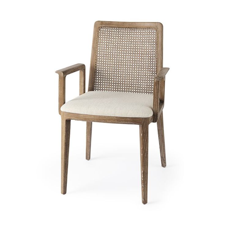 the arm chair is made out of wood and has a white upholstered seat