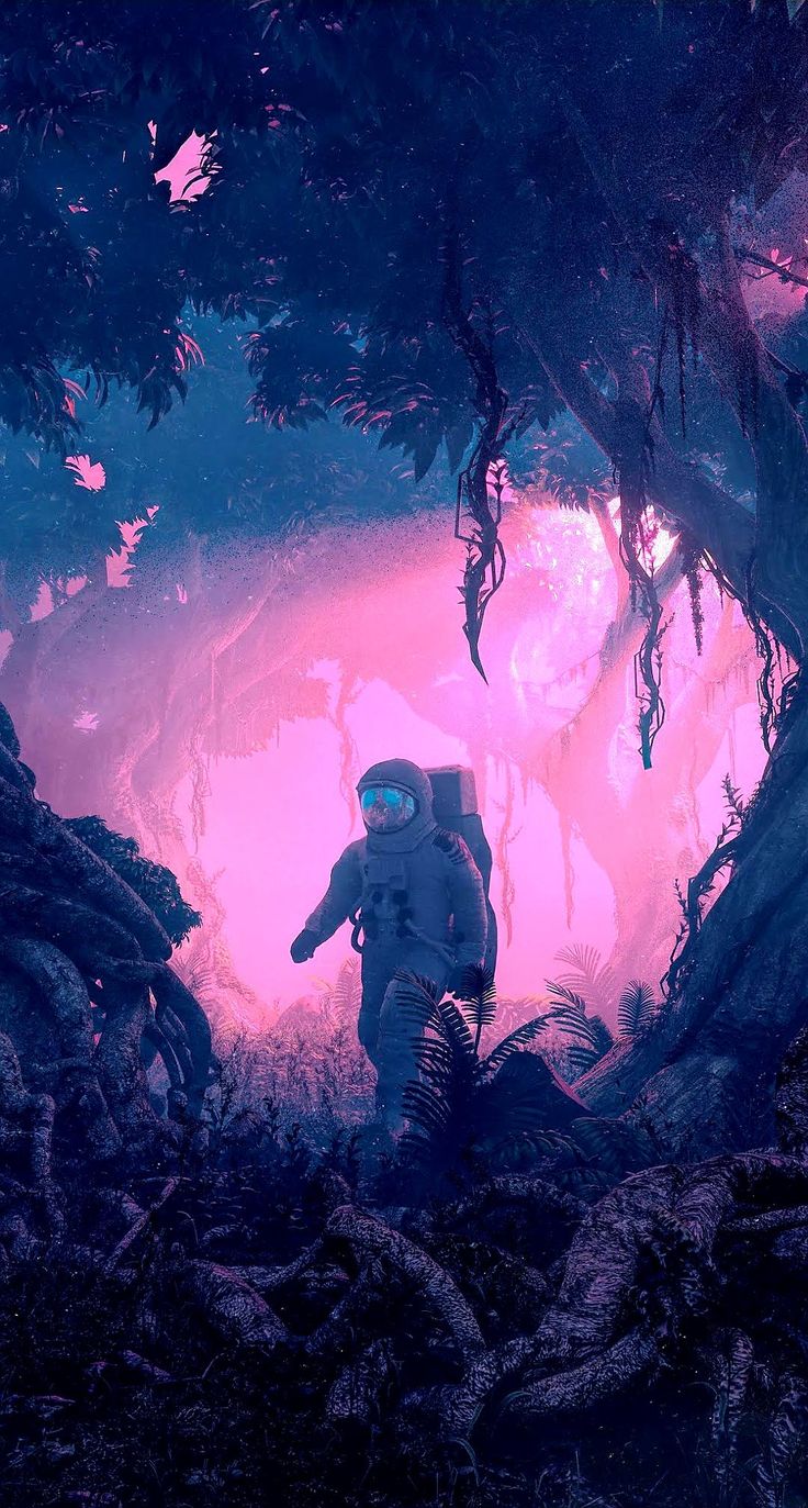 a man in a space suit walking through a forest filled with lots of trees and rocks