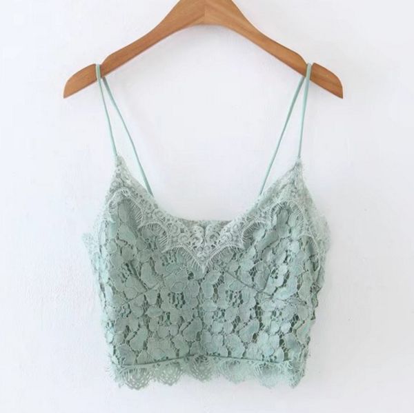 V Neck Cami Lace Crop Top - White, Green Solid Color, Cami Outfit, Lace Camisole Top, Bra Crop Top, Crop Cami Top, Strap Bra, Europe Fashion, Crop Top Bra, Lace Camisole