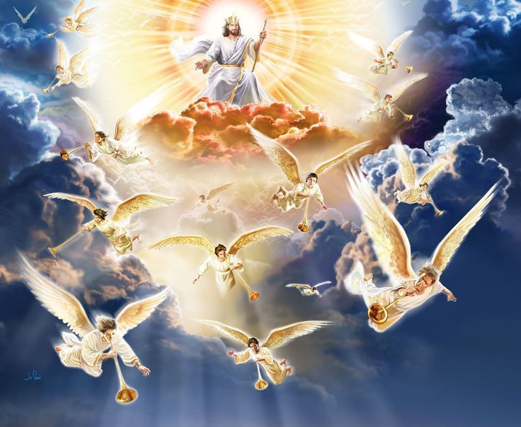 there is a lot of white birds flying in the sky with jesus on it's back