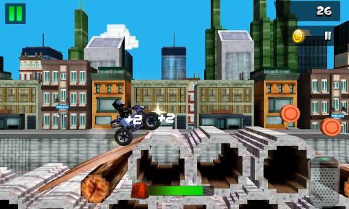 the motorcycle rider is riding down the track in this game, with buildings and skyscrapers in the background