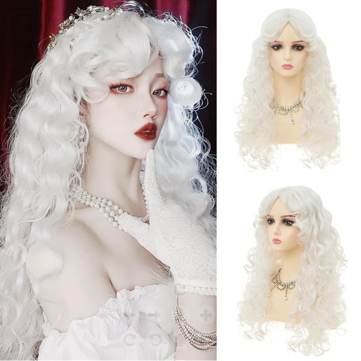 PRICES MAY VARY. Unique Design:24 Inch Long curly white wig with bangs.Create a gorgeous appearance to make you more charming. About this wig: The wig is made of synthetic heat resistant fiber, comfortable and breathable, lightweight, not suitable for entanglement or detachment, and suitable for long term wear. Wig Cap: Breathable rose net, Comfortable, fit the scalp better,making the wig look more realistic and natural. Wig Usage: Perfect for Halloween, masquerade parties, Christmas, anime cosp Gothic Wigs, Long Curly White Hair, C4 Hair, White Hair Wig, Fairy Wig, White Bangs, White Curly Hair, Middle Part Hair, Harajuku Wigs