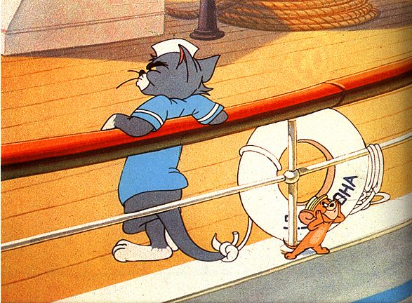 an image of a cartoon cat on the deck of a boat with life preserver