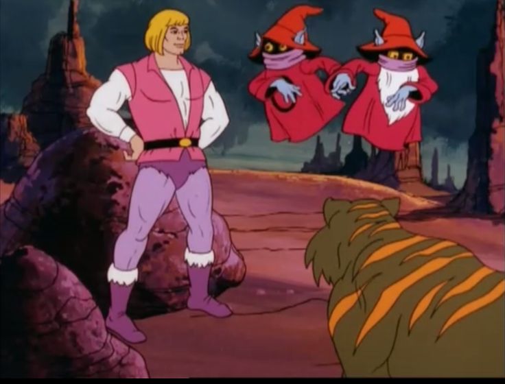 two cartoon characters are standing in front of a tiger and another character is looking at them