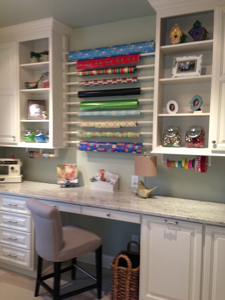 a white desk topped with lots of shelves filled with books and wrapping paper on top of it