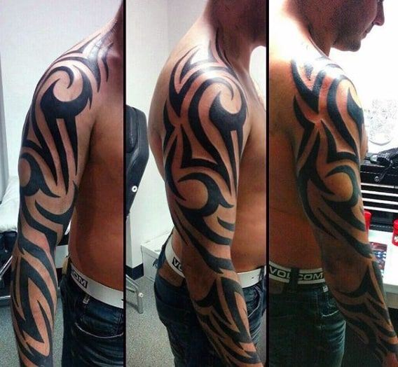 four different views of a man's upper half and arm with tattoos on it