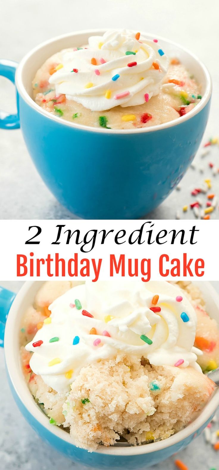 two blue bowls filled with cake and whipped cream on top of each other next to the words, 2 ingredient birthday mug cake