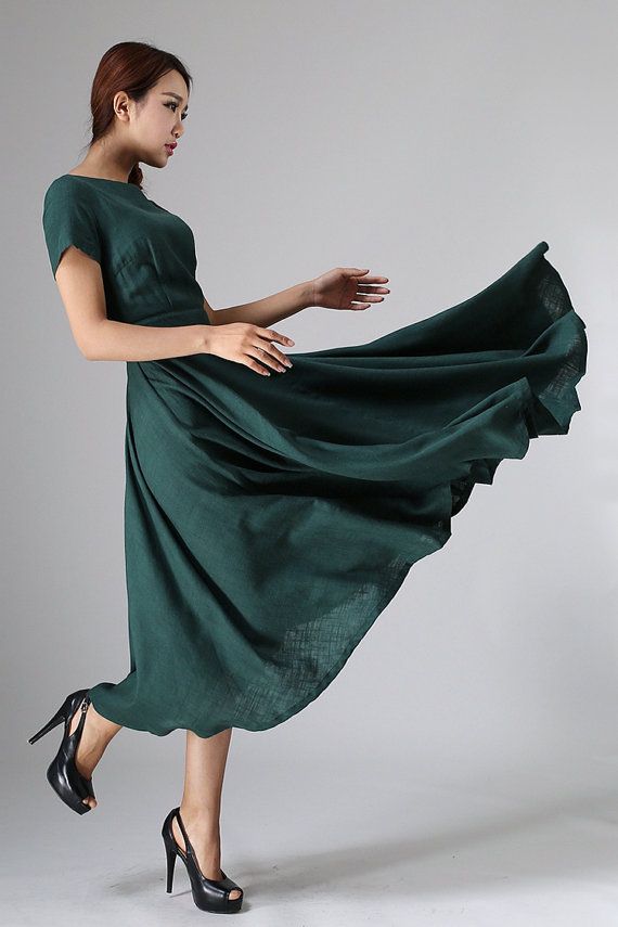 womens Maxi Linen Dress Green Long Floaty Elegant by xiaolizi Elegant Cotton A-line Vintage Dress, Classic A-line Dress For Vintage Fashion, Classic A-line Maxi Dress For Summer, Classic A-line Summer Maxi Dress, Classic A-line Vintage Dress Lined, Vintage Midi Dress For Summer, Solid Color Vintage Cotton Dress, Solid Color A-line Vintage Midi Dress, Solid A-line Vintage Midi Dress