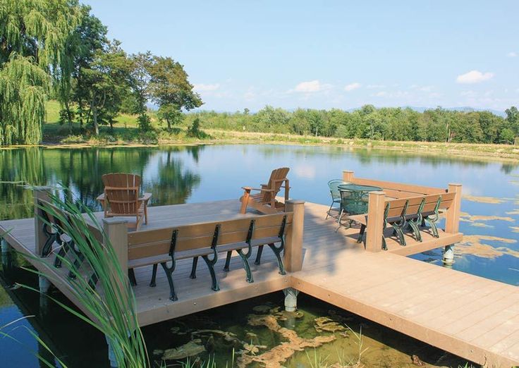 Pile & Pier Docks | Custom designed permanent dock systems #Ponds Pond Docks, Pond Dock, Tiki Pool, Lake Docks, Floating Decks, Dock Ideas, Lake Landscaping, Floating Docks, Boat Docks