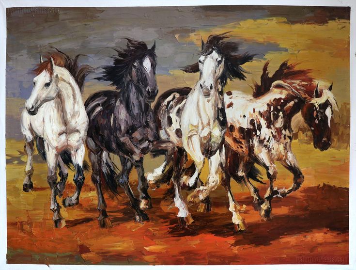 an oil painting of horses running in a field