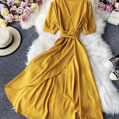 Chic V-neck Solid Color Midi Dress, Spring Party Short Sleeve V-neck Dress, Chic Midi-length V-neck Dress In Solid Color, Chic Solid Color Midi V-neck Dress, Elegant V-neck Solid Color Dress, Elegant V-neck Short Sleeve Dress, Chic Yellow Midi Dress Solid Color, Solid Short Sleeve V-neck Summer Dress, Chic Yellow Solid Color Midi Dress