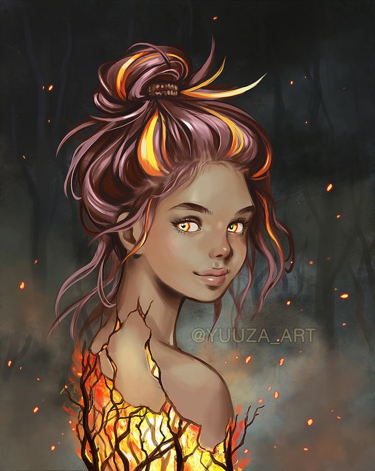 a painting of a woman with fire in her hair