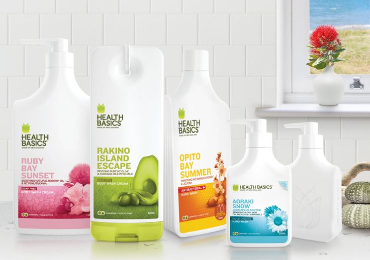 three bottles of body wash sitting on top of a counter