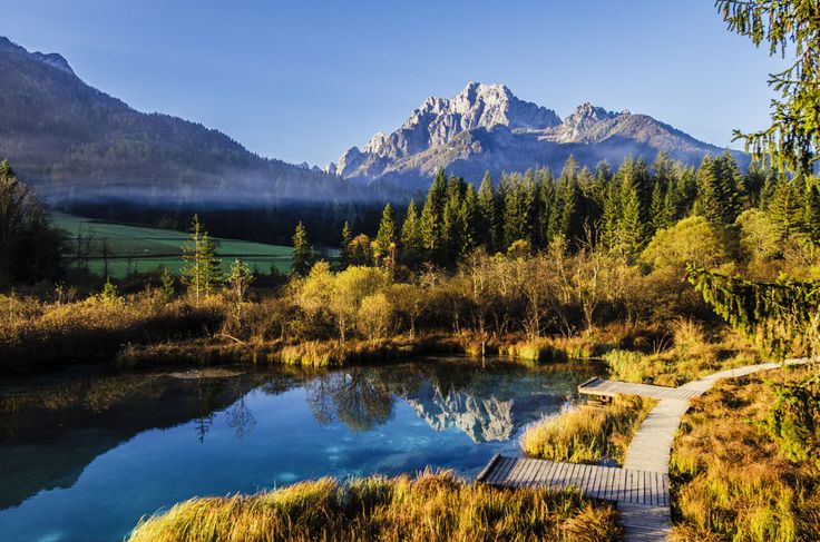 a wooden walkway leading to a small lake in the mountains with trees and grass around it