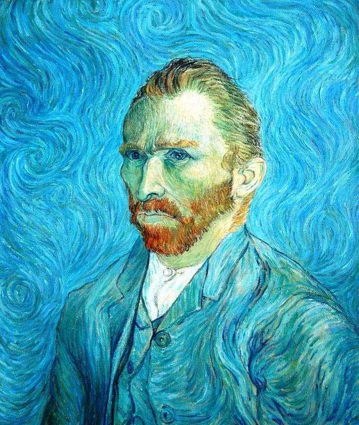 a painting of a man with a beard and blue shirt in front of a green background