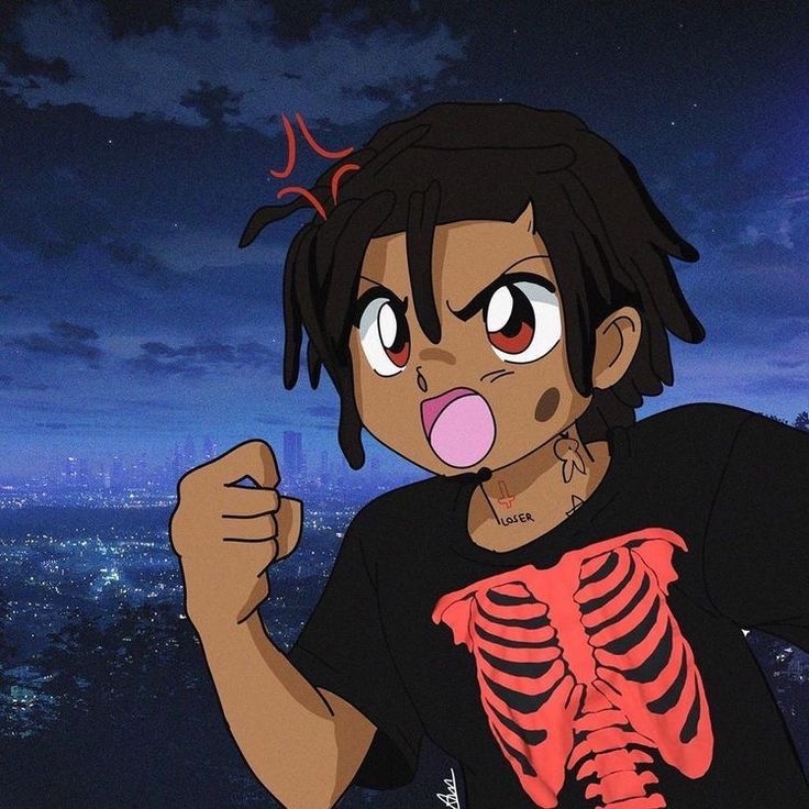 a cartoon character with a skeleton on his chest and tongue out in front of a cityscape