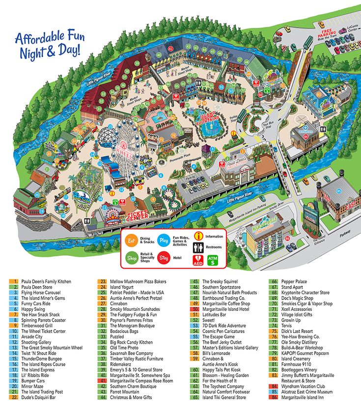 a map of an amusement park with lots of rides and water parks on it's sides