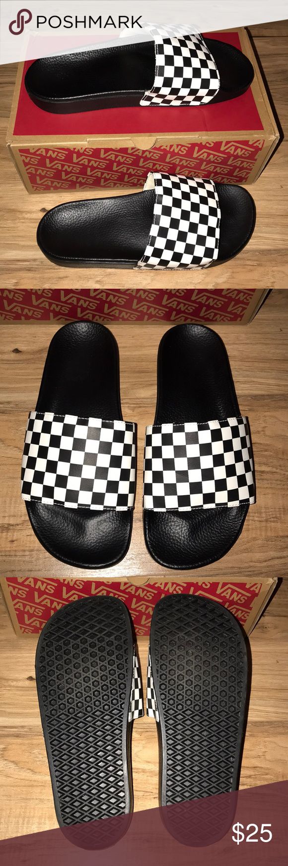 Vans Checkerboard Slides Brand new never worn Vans Slides. These are super comfy but they are too big for me I wear a women’s 9 and these are a men’s 9...so a Womens 10/11 could fit these. Size on shoe says Men’s 9. BOX NOT INCLUDED. Vans Shoes Sneakers Vans Slides, Vans Checkerboard, Vans Black And White, Vans Black, Womens Vans, Vans Shoes, On Shoes, Slides, Shoes Sneakers