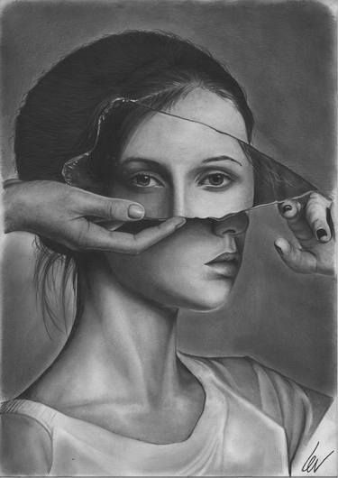 a pencil drawing of a woman with her hands on the forehead and another hand holding up to