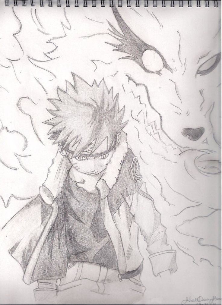 a pencil drawing of an anime character next to a wolf