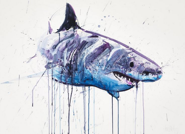 a painting of a shark with blue paint dripping down it's face and mouth