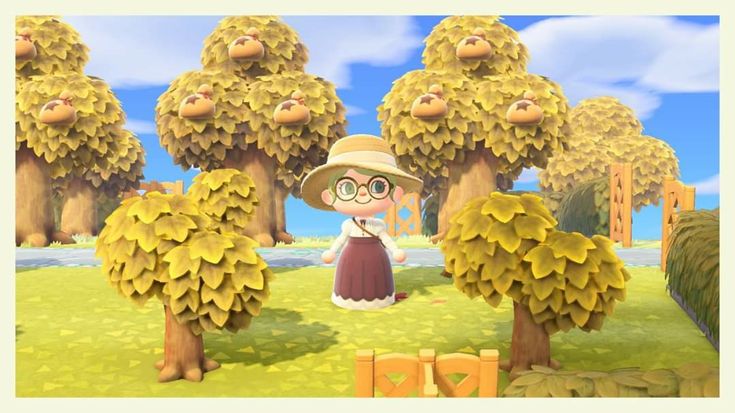 an animal crossing game with many trees in the foreground and a girl standing among them