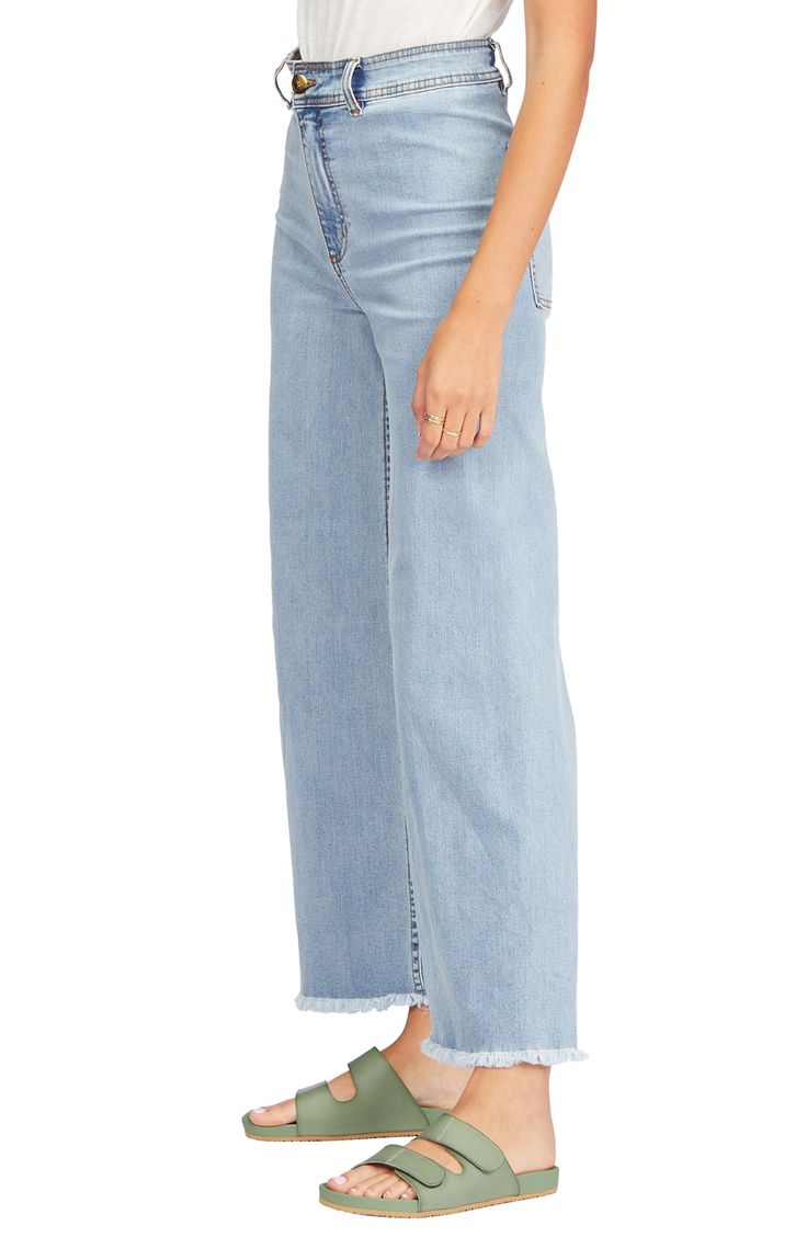 High-rise trouser jeans are ready for a stroll by the beach in light-wash, low-stretch denim with frayed hems and an easygoing wide-leg silhouette. Zip fly with button closure Back patch pockets 98% cotton, 2% elastane Machine wash, tumble dry Imported Women's Clothing Summer Straight Leg Cropped Jeans With Frayed Hem, Summer Straight Leg Pants With Frayed Hem, Summer Cropped Jeans With Frayed Hem In Denim Blue, Denim Blue Cropped Jeans With Frayed Hem For Summer, Trendy Cutoff Flare Jeans With Frayed Hem, Relaxed Fit Wide Leg Pants With Frayed Hem, Casual Wide Leg Bottoms With Unfinished Hem, Summer Cropped Pants With Frayed Hem, Trendy High Rise Bottoms With Unfinished Hem