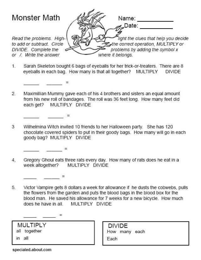 Monster Math - Free Printable World Problems for Halloween | Monster ...